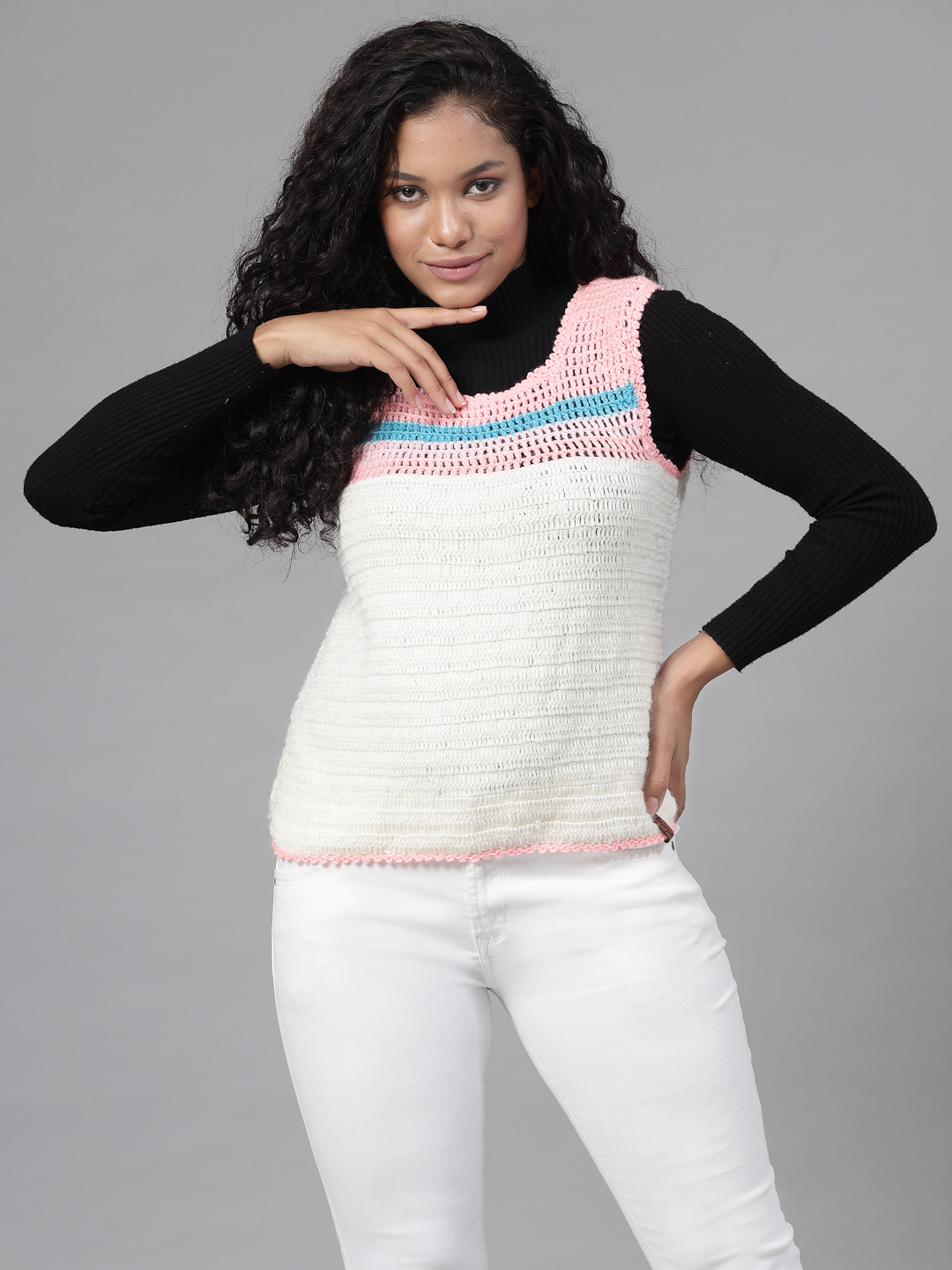 Striped Knit Crochet Sweater for Women - Cream