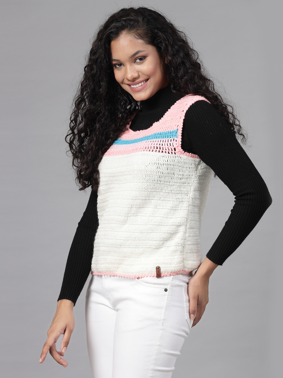 Striped Knit Crochet Sweater for Women - Cream