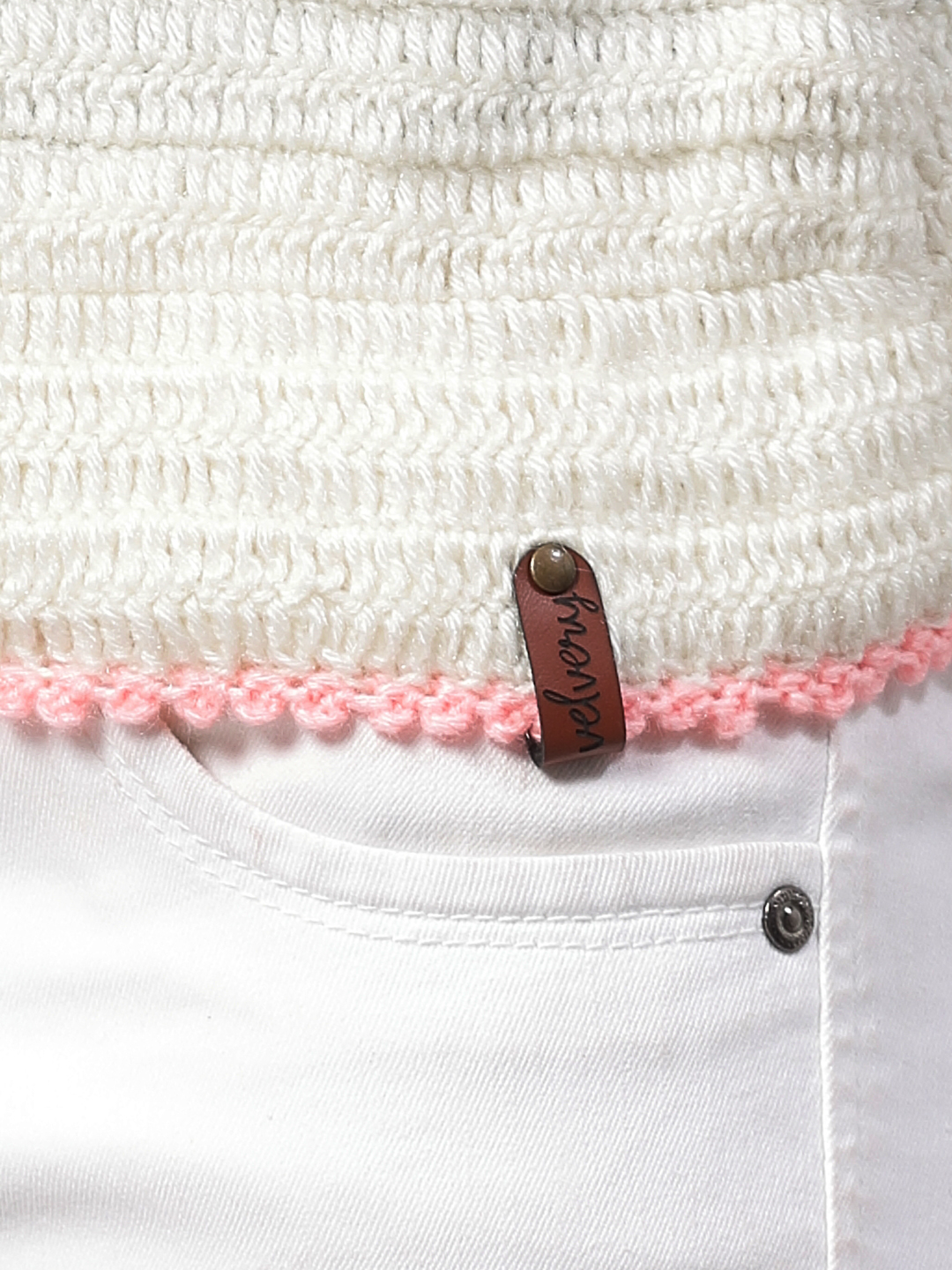 Striped Knit Crochet Sweater for Women - Cream