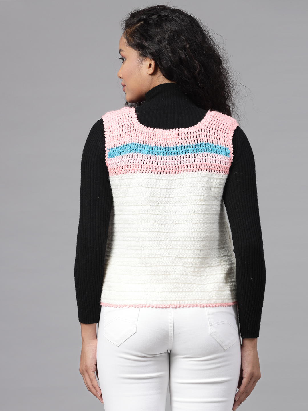 Striped Knit Crochet Sweater for Women - Cream