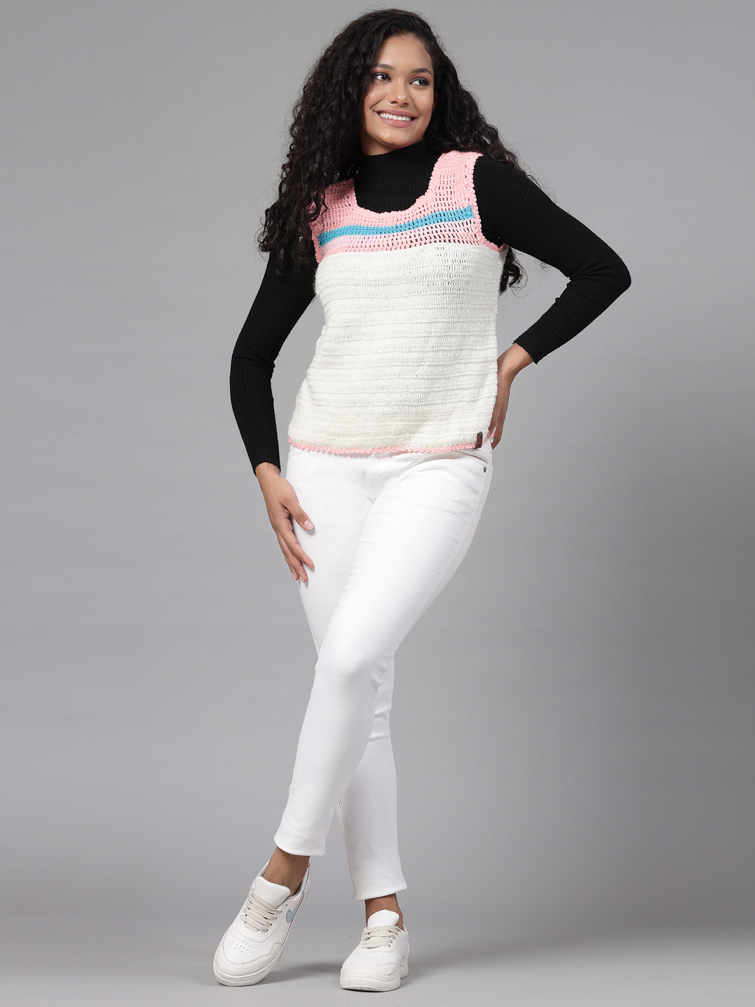 Striped Knit Crochet Sweater for Women - Cream