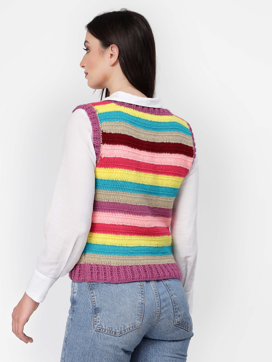 Handmade Crochet Striped Sweater Vest for Winters -Multicolour