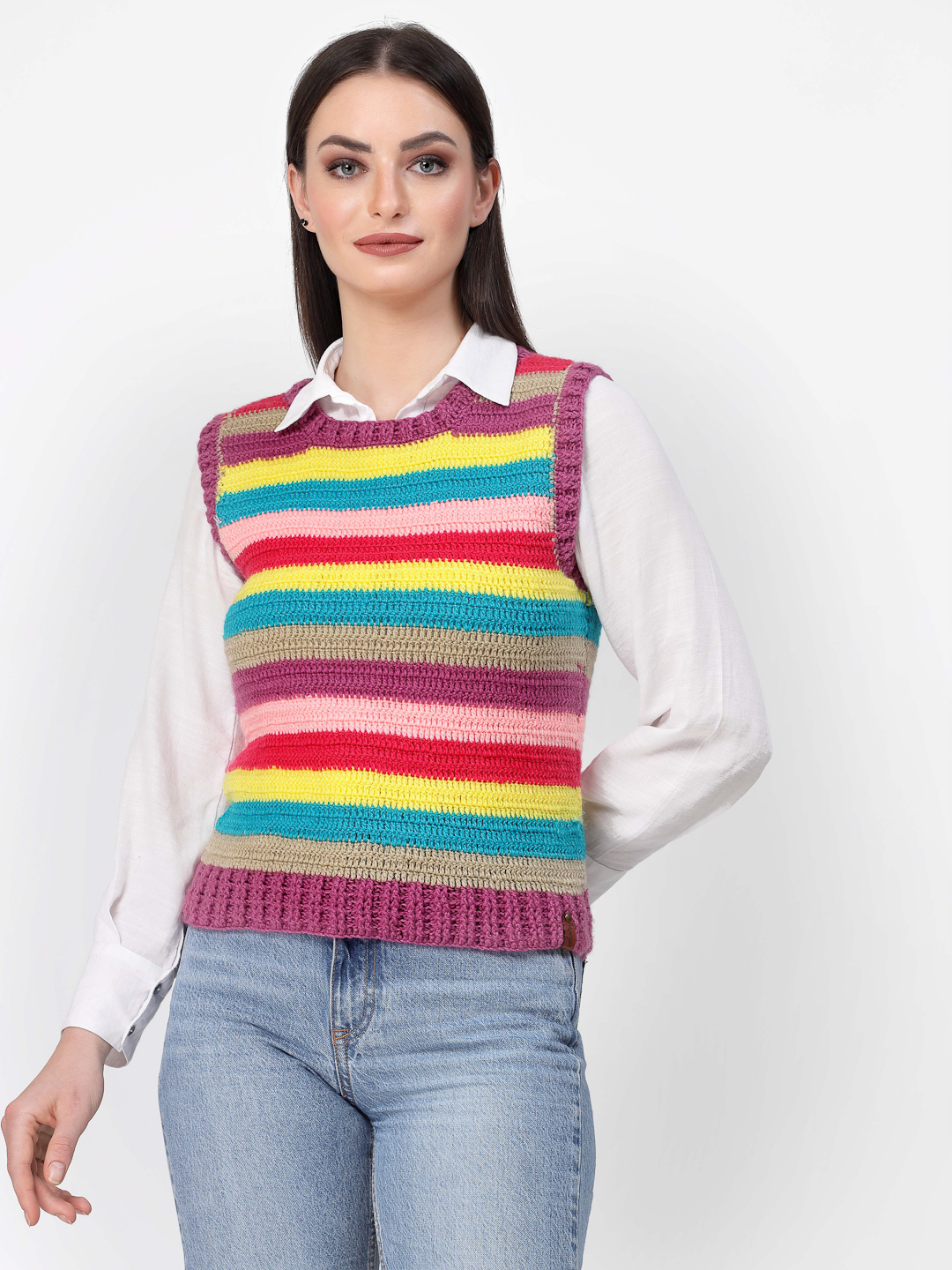 Handmade Crochet Striped Sweater Vest for Winters -Multicolour