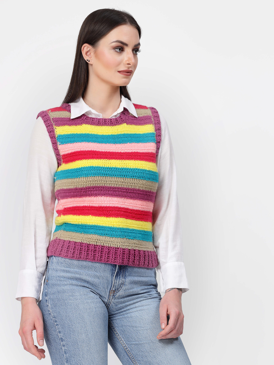 Handmade Crochet Striped Sweater Vest for Winters -Multicolour