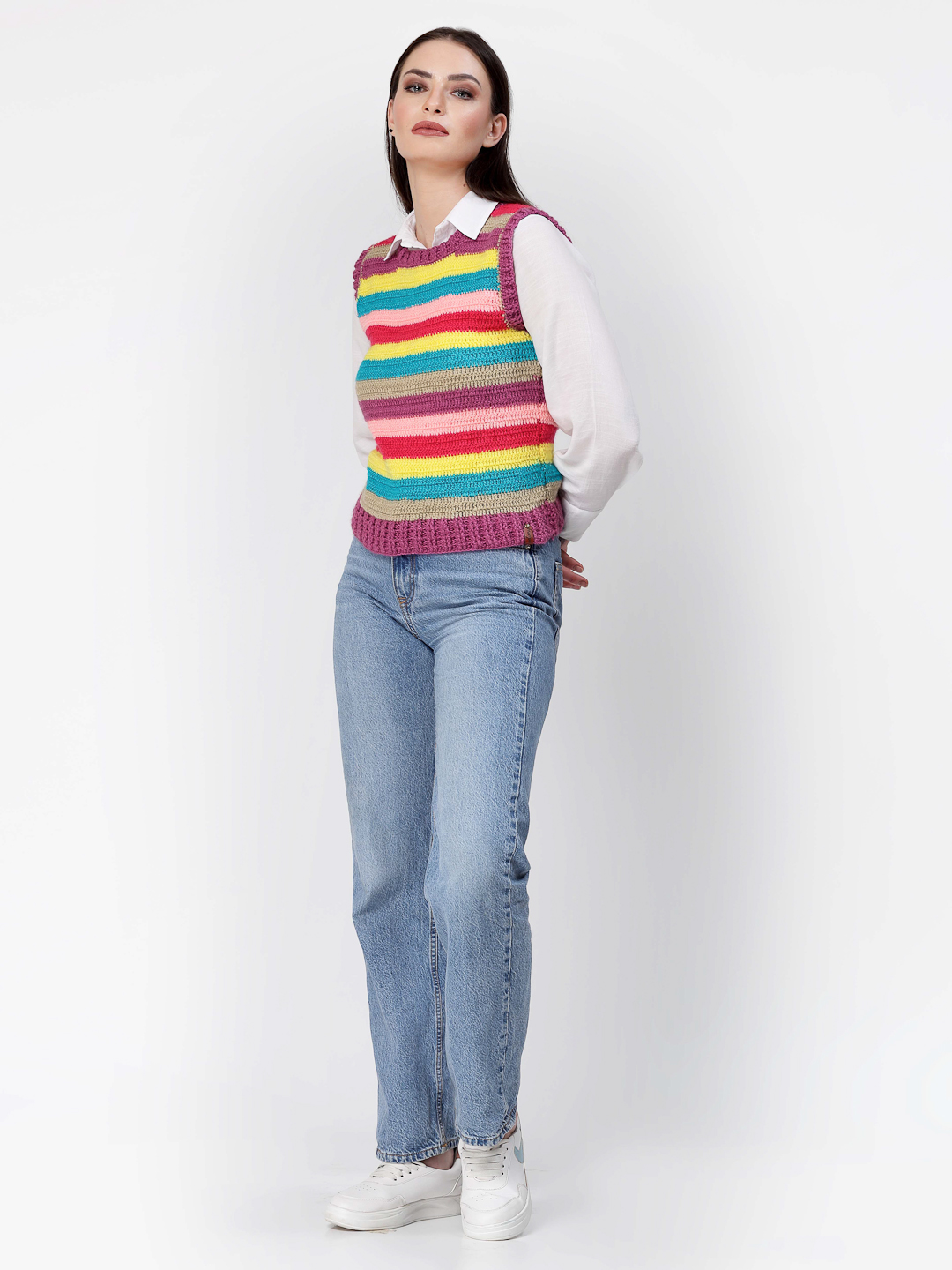 Handmade Crochet Striped Sweater Vest for Winters -Multicolour