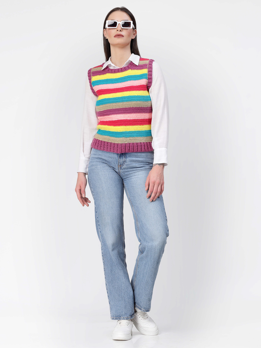 Handmade Crochet Striped Sweater Vest for Winters -Multicolour