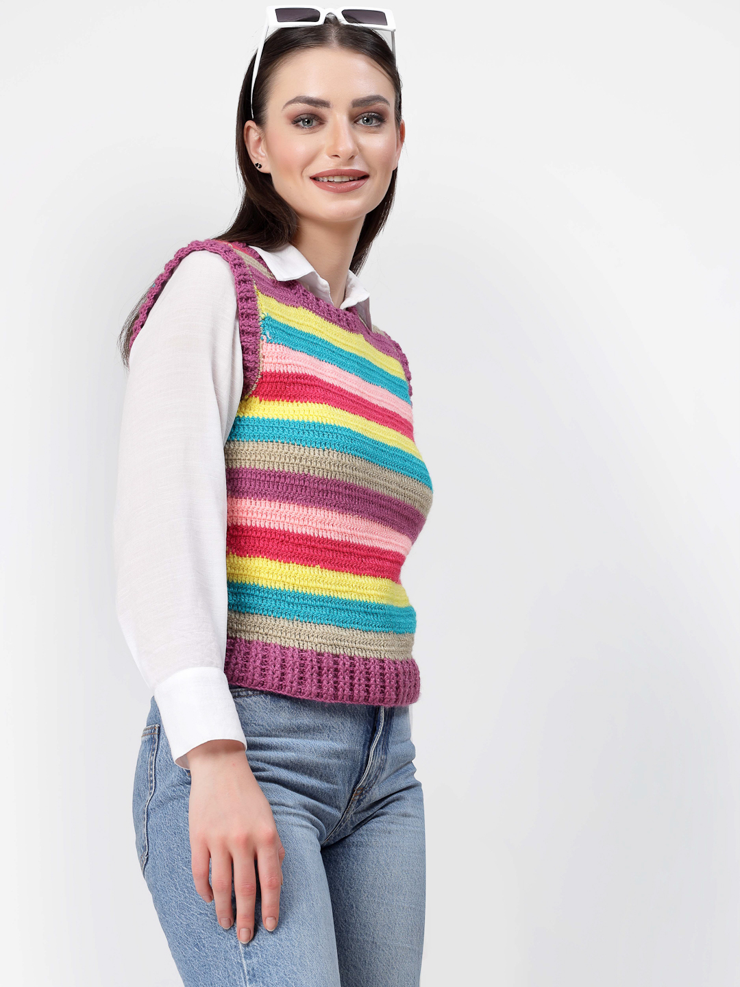 Handmade Crochet Striped Sweater Vest for Winters -Multicolour