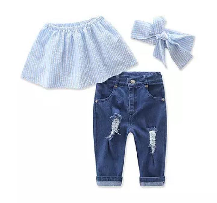 Stripped Top With Distressed Pant  Headband