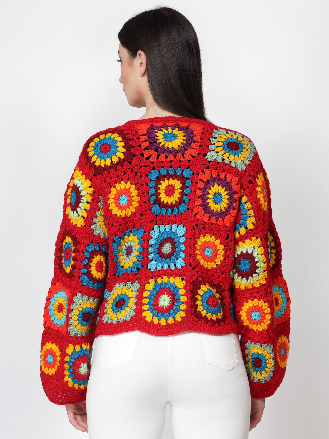 Crochet Granny Square Loose Sweater for Women- Red