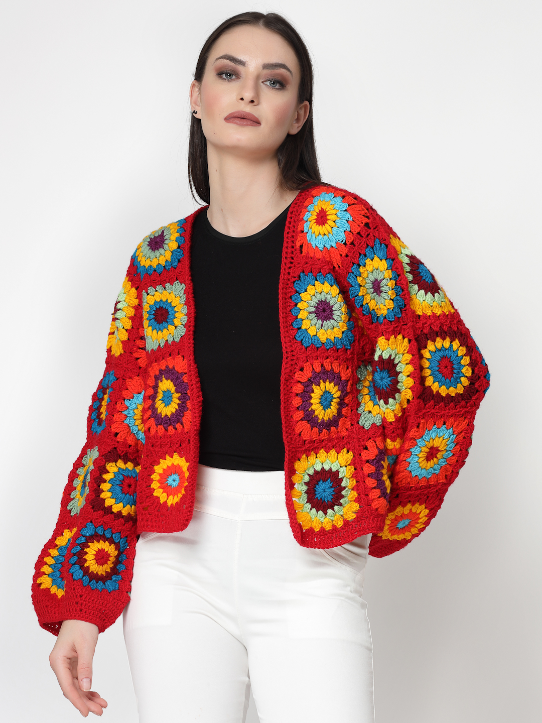 Crochet Granny Square Loose Sweater for Women- Red