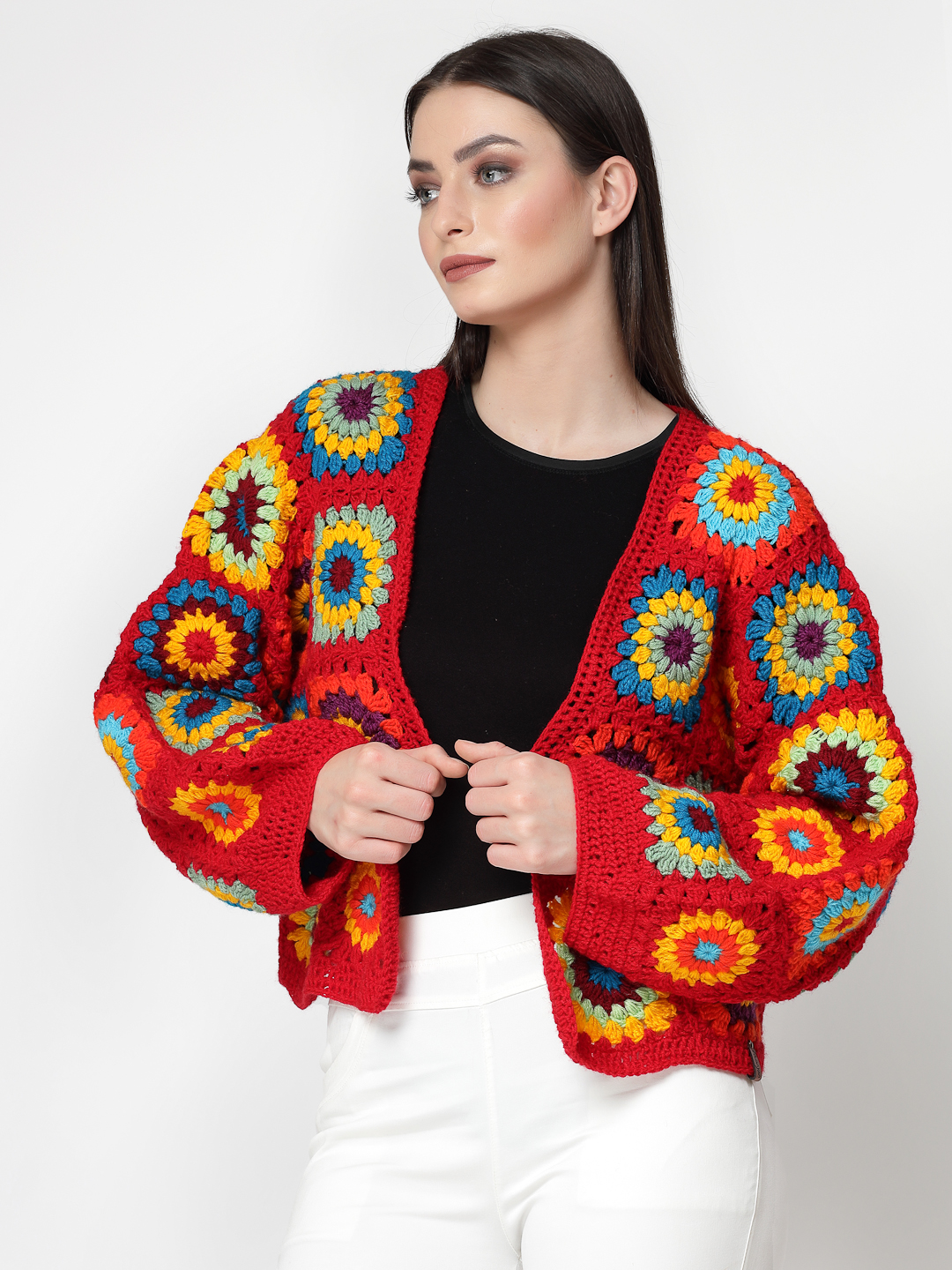 Crochet Granny Square Loose Sweater for Women- Red