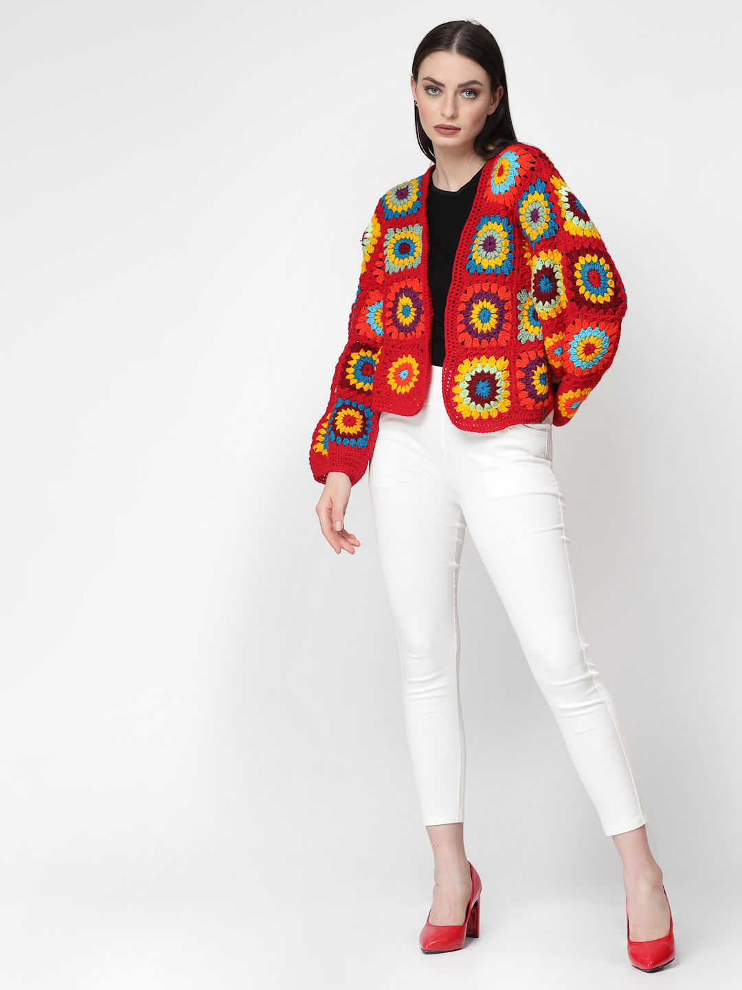 Crochet Granny Square Loose Sweater for Women- Red