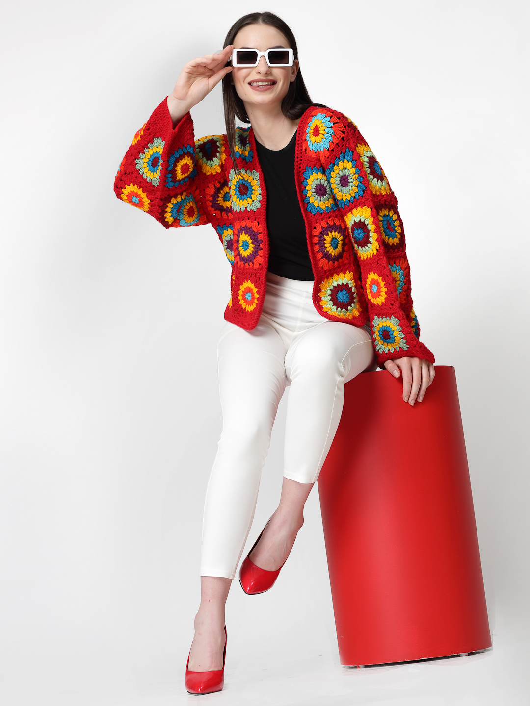 Crochet Granny Square Loose Sweater for Women- Red