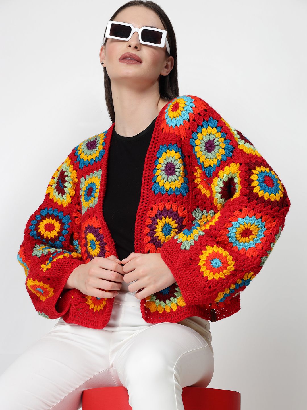 Crochet Granny Square Loose Sweater for Women- Red