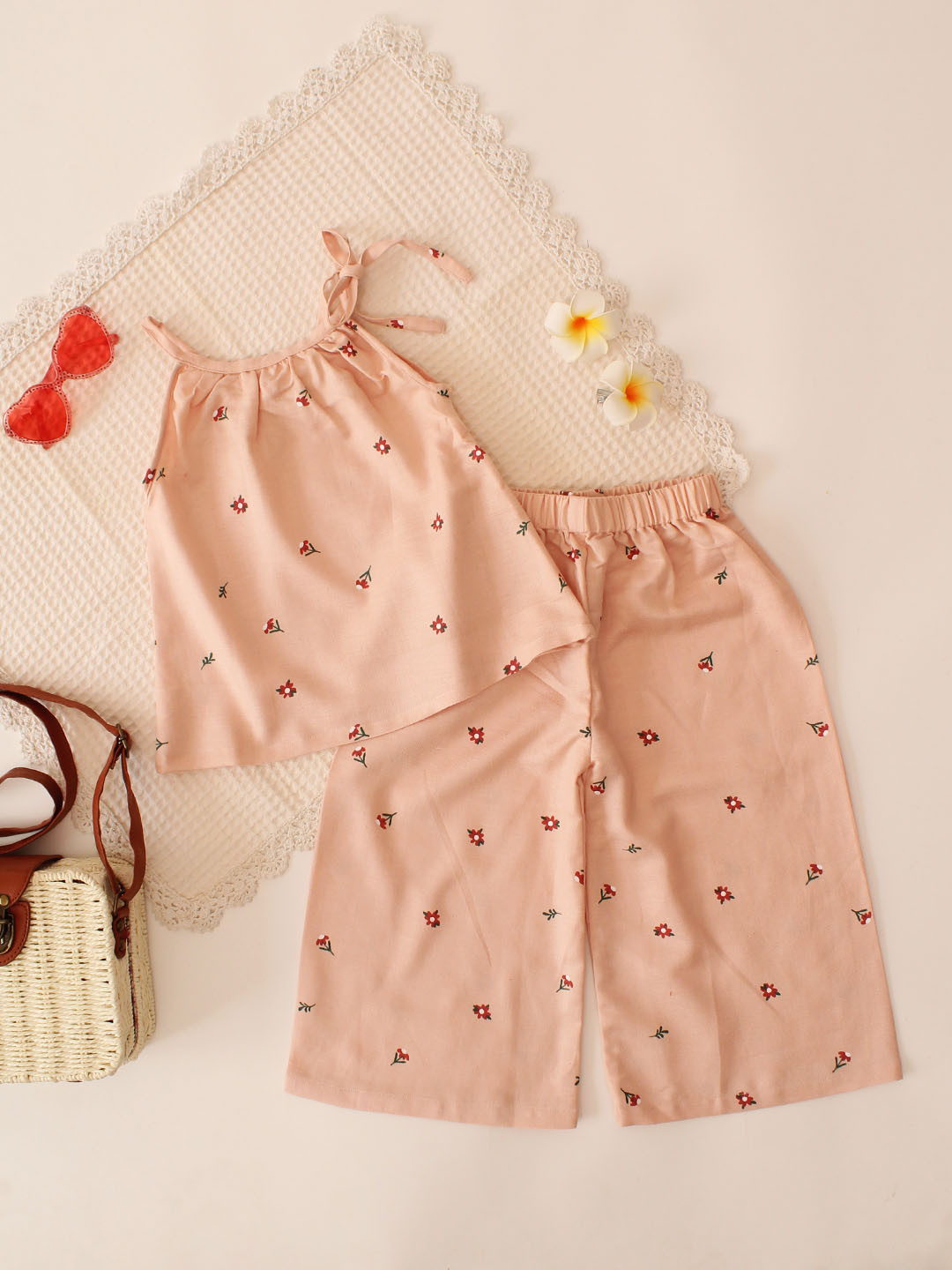 Summer Shoulder Tie-up Printed Cotton Co ord Set - Peach