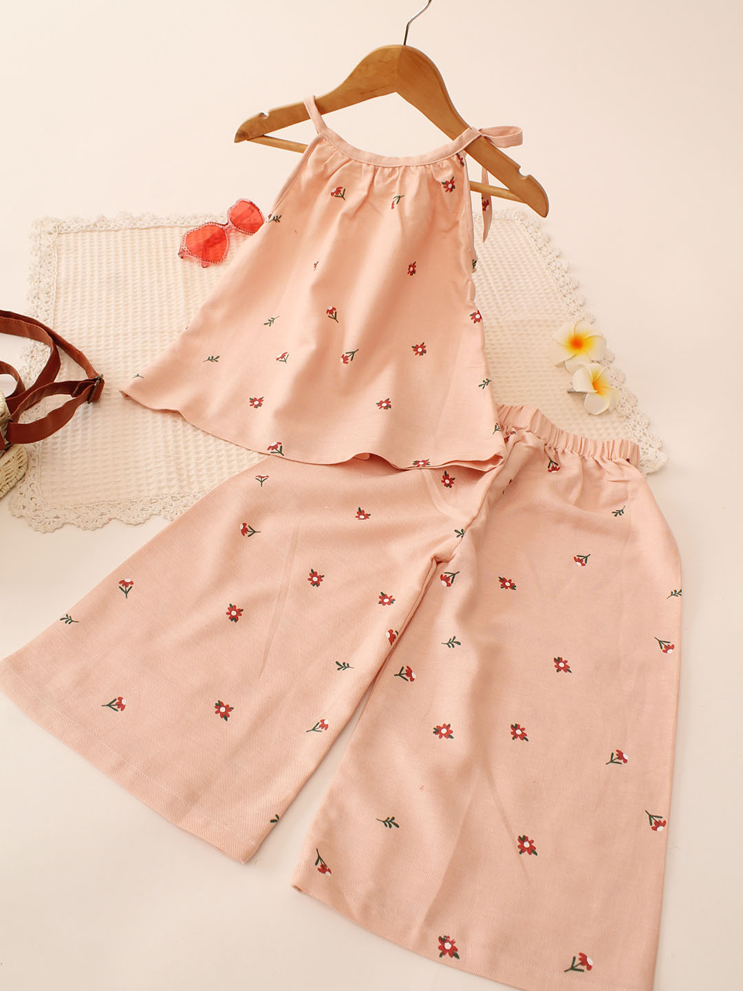 Summer Shoulder Tie-up Printed Cotton Co ord Set - Peach