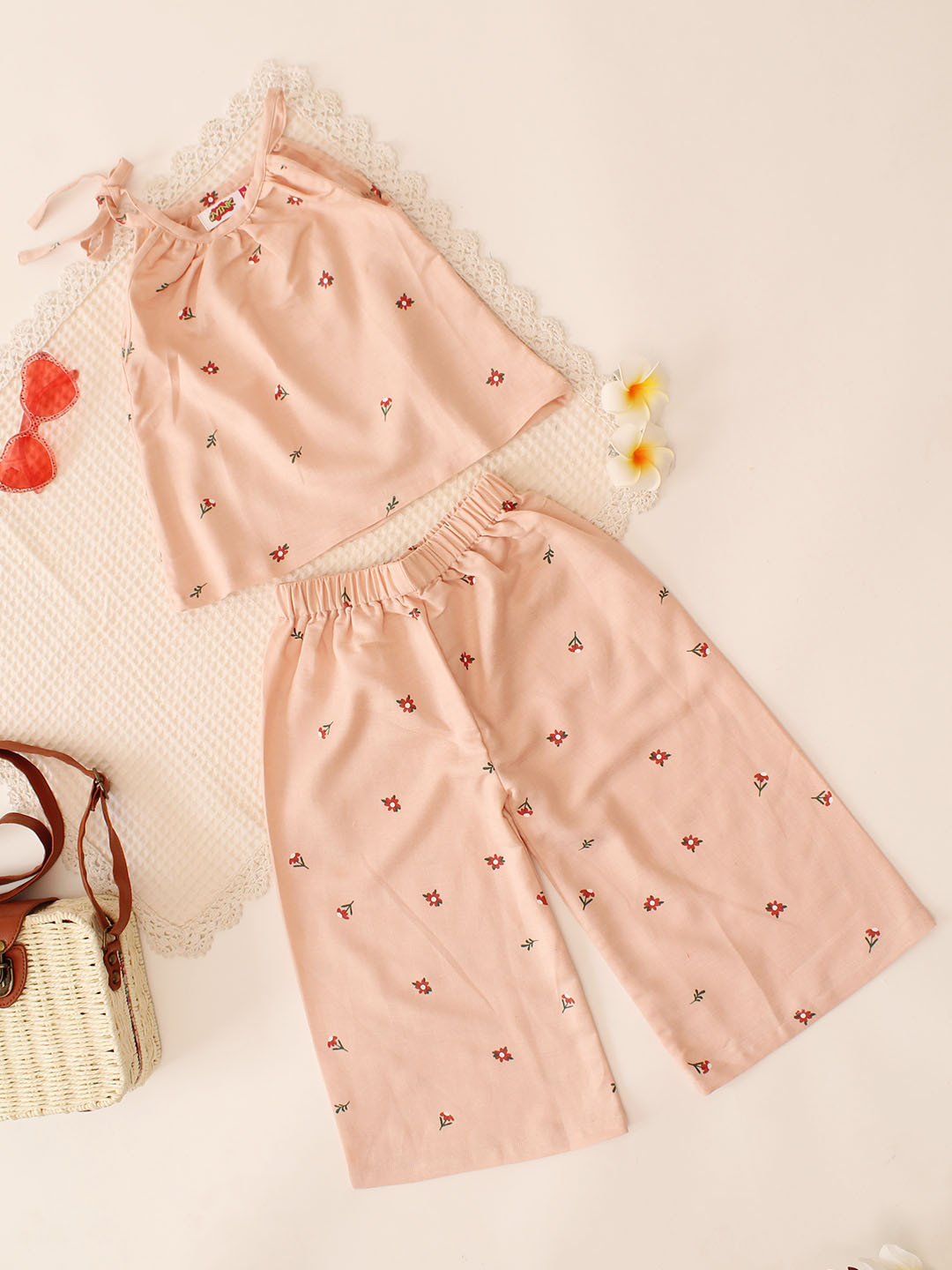 Summer Shoulder Tie-up Printed Cotton Co ord Set - Peach