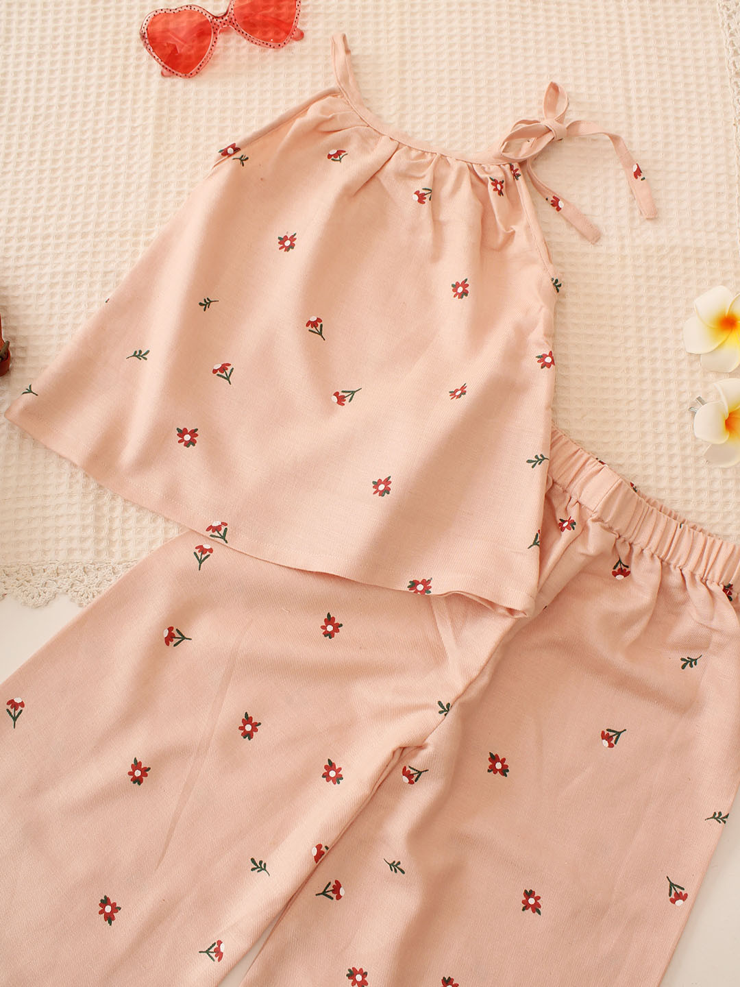 Summer Shoulder Tie-up Printed Cotton Co ord Set - Peach