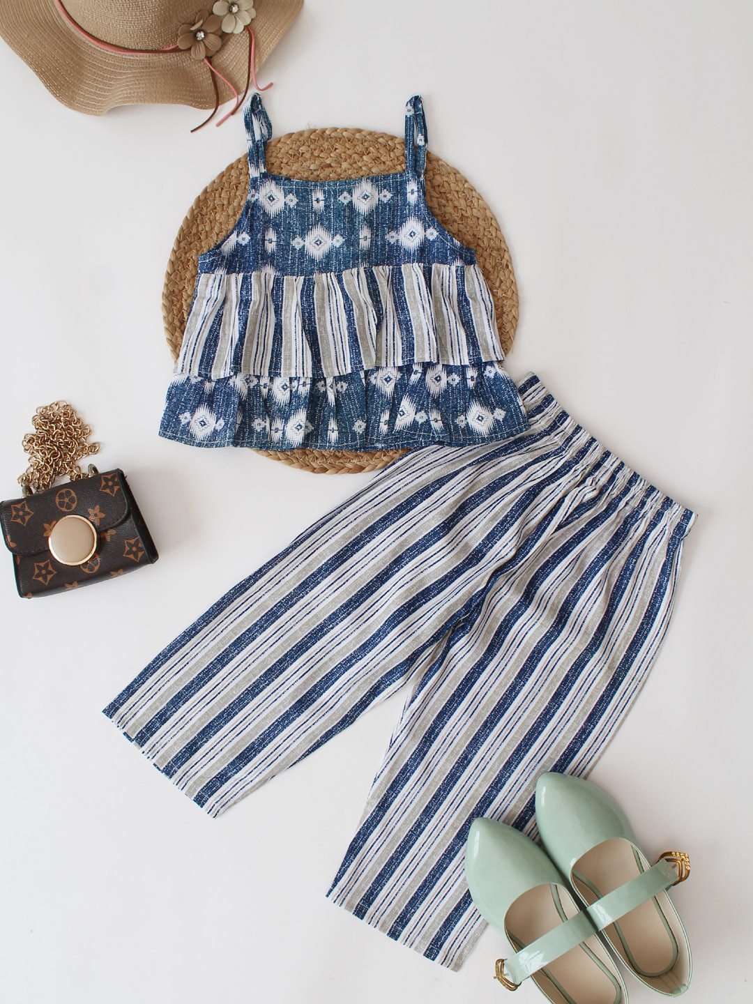 Summer Sleeveless Printed Top with Striped Culottes -Blue