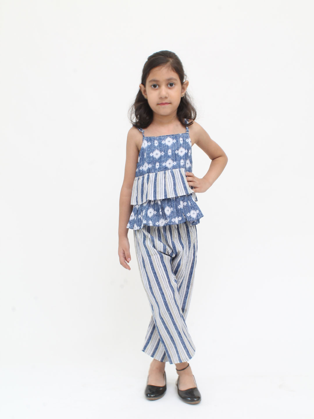 Summer Sleeveless Printed Top with Striped Culottes -Blue