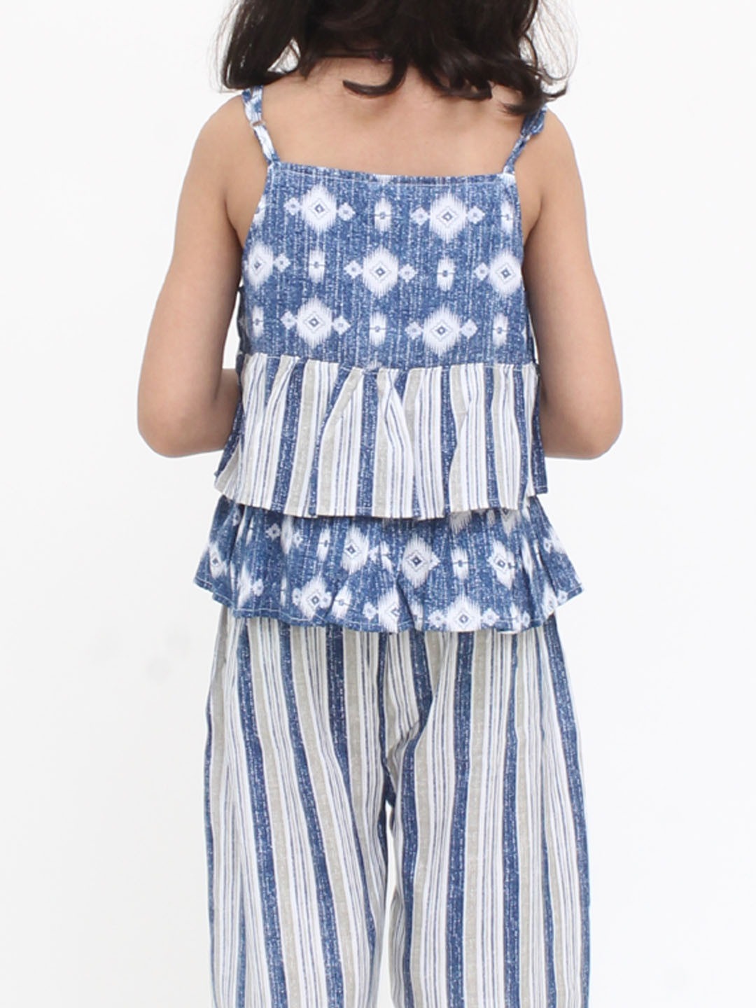 Summer Sleeveless Printed Top with Striped Culottes -Blue