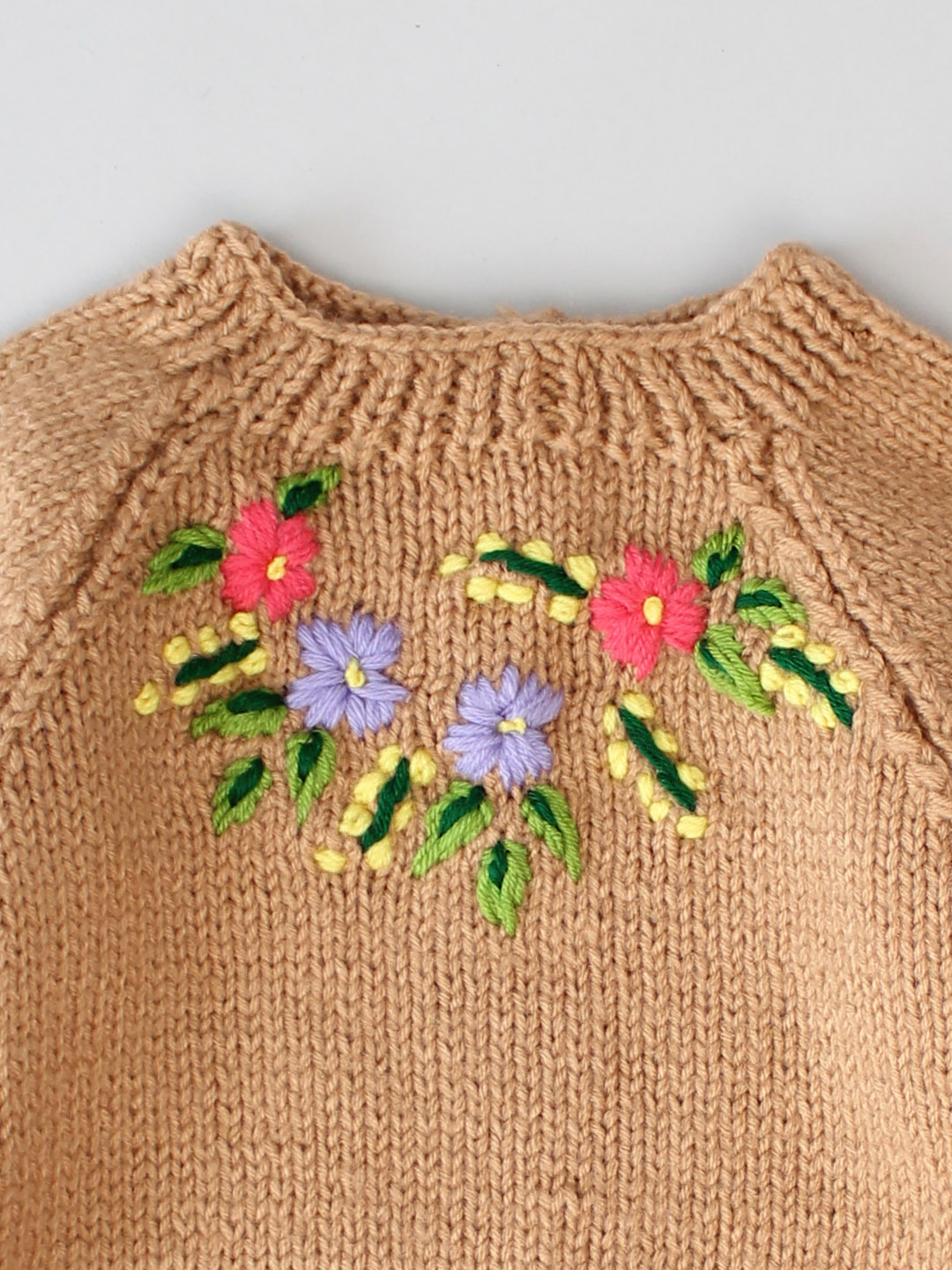 Sweater with Floral Hand Embroidery for Kids - Beige