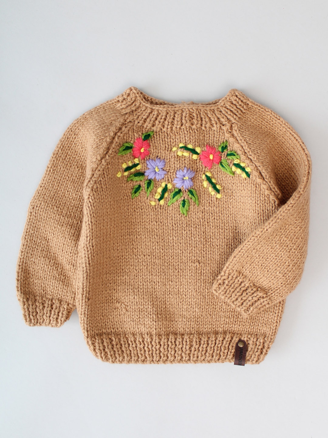 Sweater with Floral Hand Embroidery for Kids - Beige