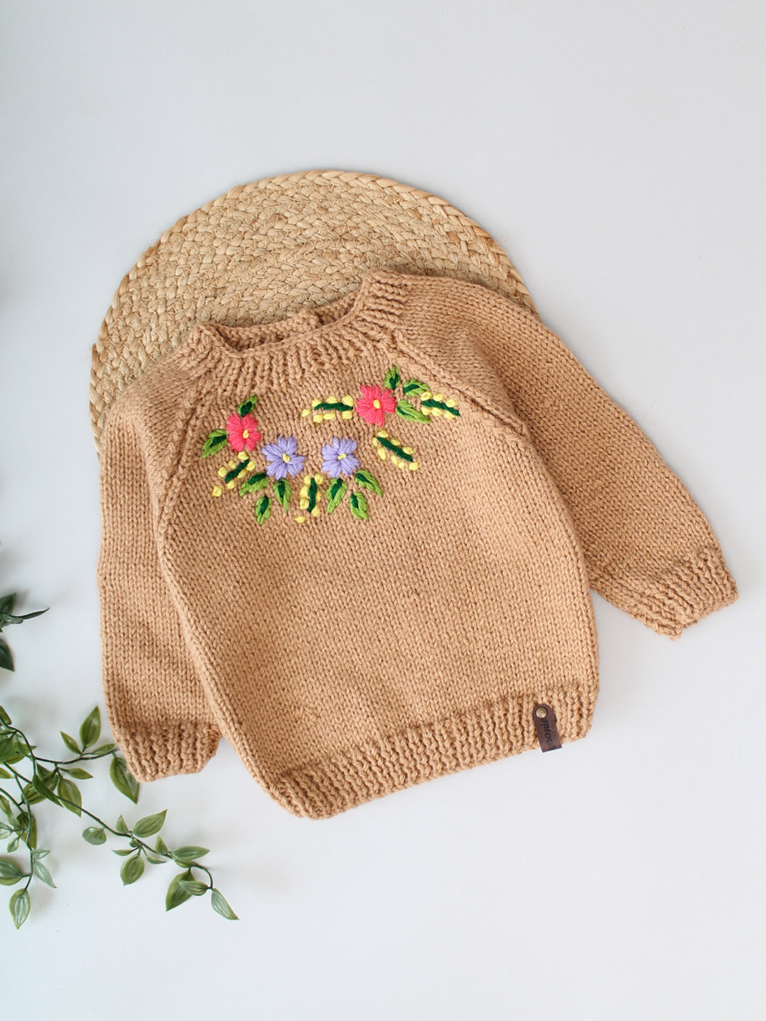 Sweater with Floral Hand Embroidery for Kids - Beige