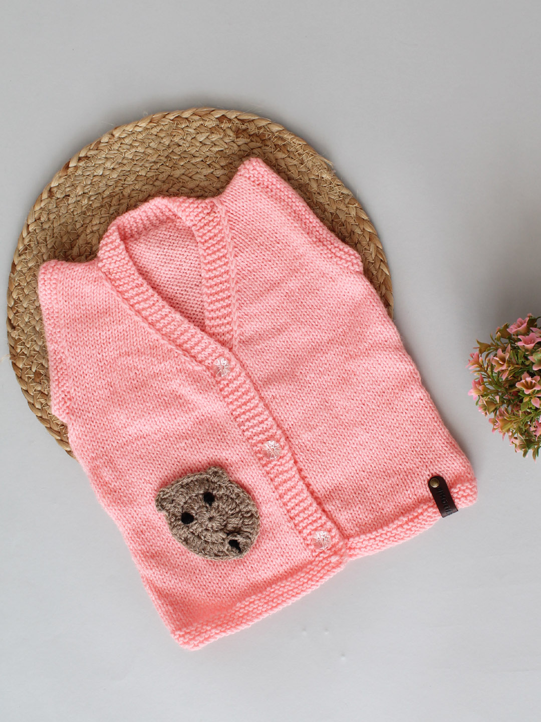 Hand Knitted Stylish Kids Vest with Teddy Face Applique - Peach