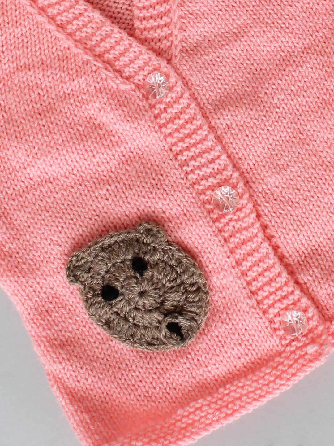 Hand Knitted Stylish Kids Vest with Teddy Face Applique - Peach