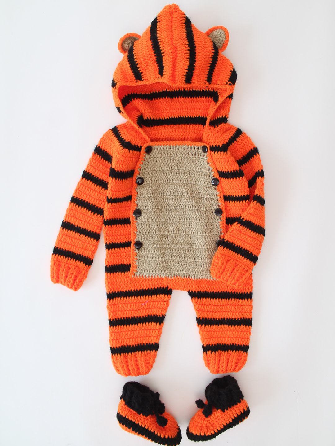 Tiger Print Woolen Jumpsuit with Hood and Boots - Orange