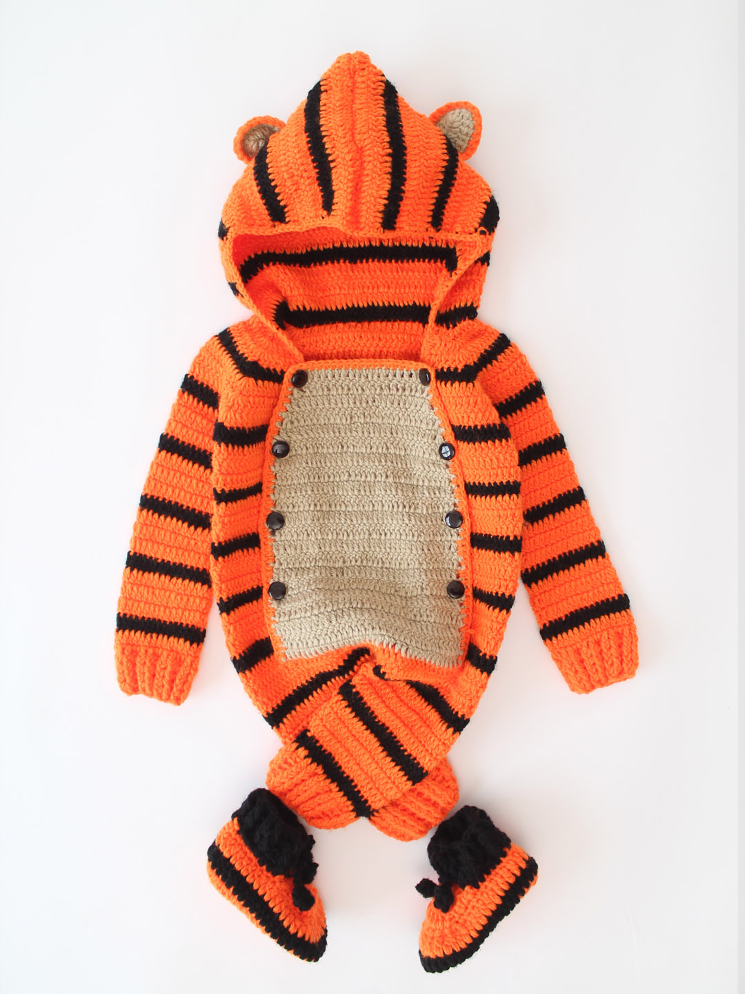 Tiger Print Woolen Jumpsuit with Hood and Boots - Orange