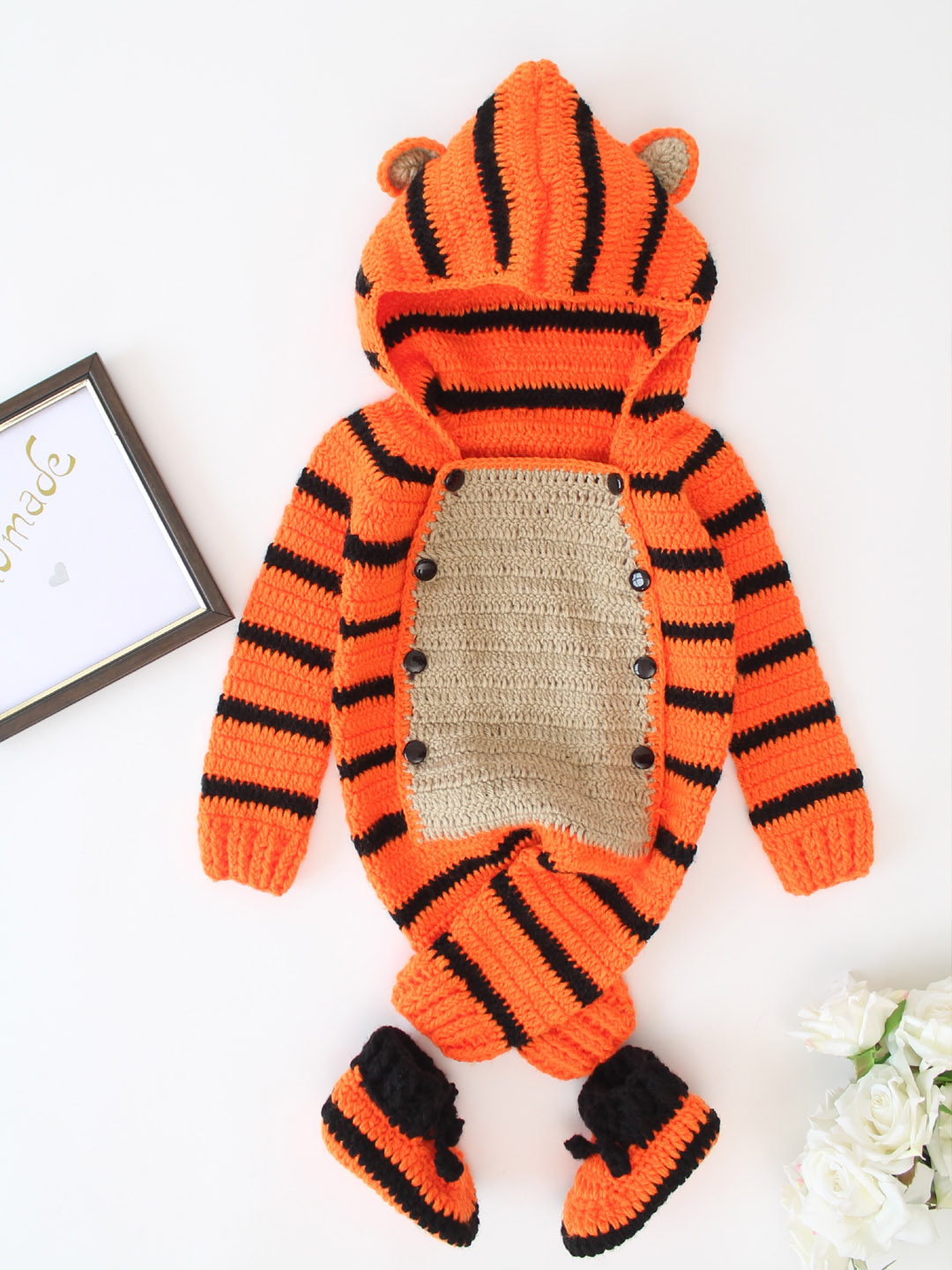 Tiger Print Woolen Jumpsuit with Hood and Boots - Orange
