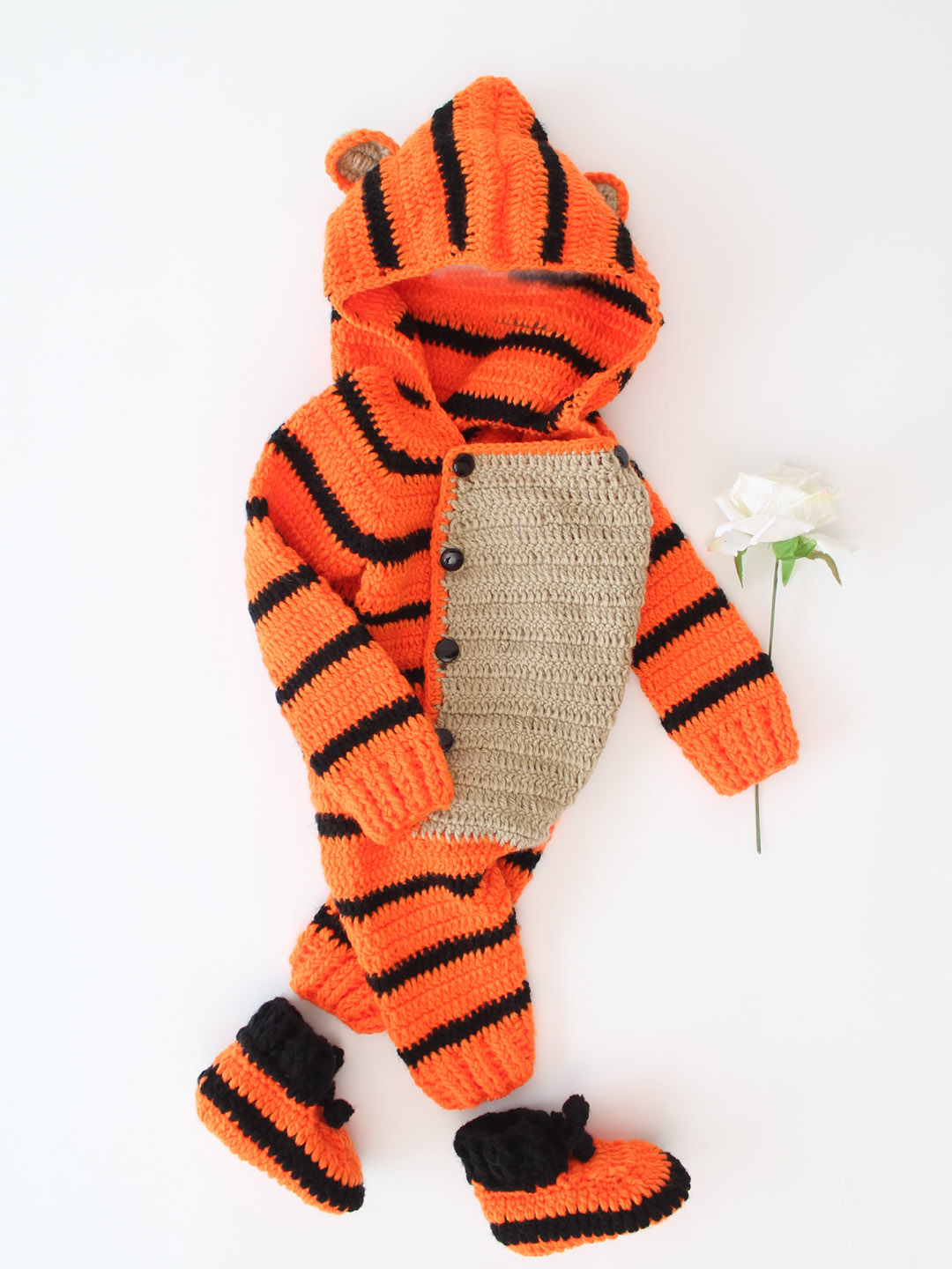 Tiger Print Woolen Jumpsuit with Hood and Boots - Orange