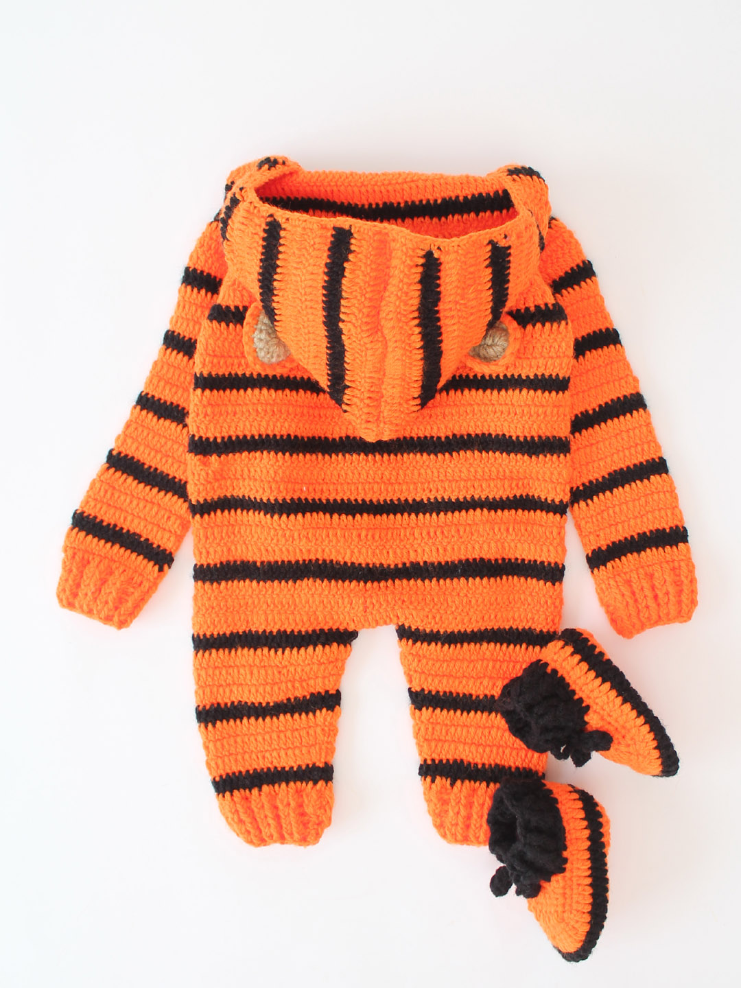 Tiger Print Woolen Jumpsuit with Hood and Boots - Orange
