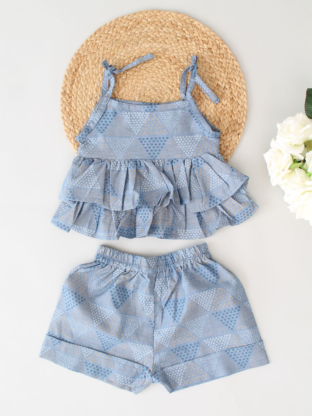 Triangle Design Printed Ruffled Frill Cotton Co ord Set - Blue