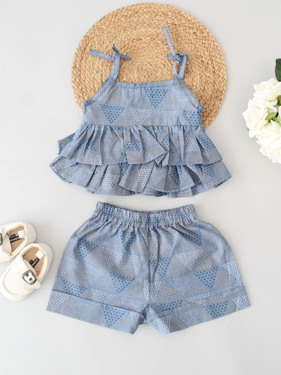 Triangle Design Printed Ruffled Frill Cotton Co ord Set - Blue