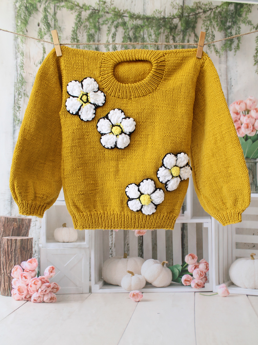 Woonie Floral Round Neck Pullover - Mustard