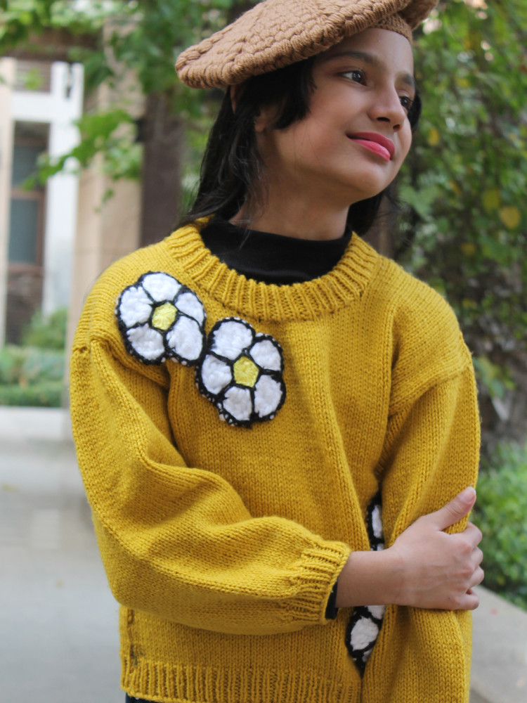 Image of Woonie Floral Round Neck Pullover - Mustard