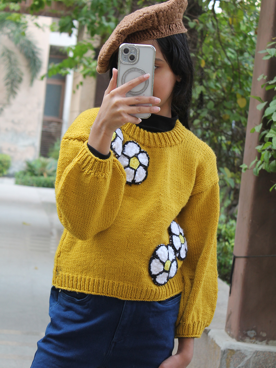Woonie Floral Round Neck Pullover - Mustard