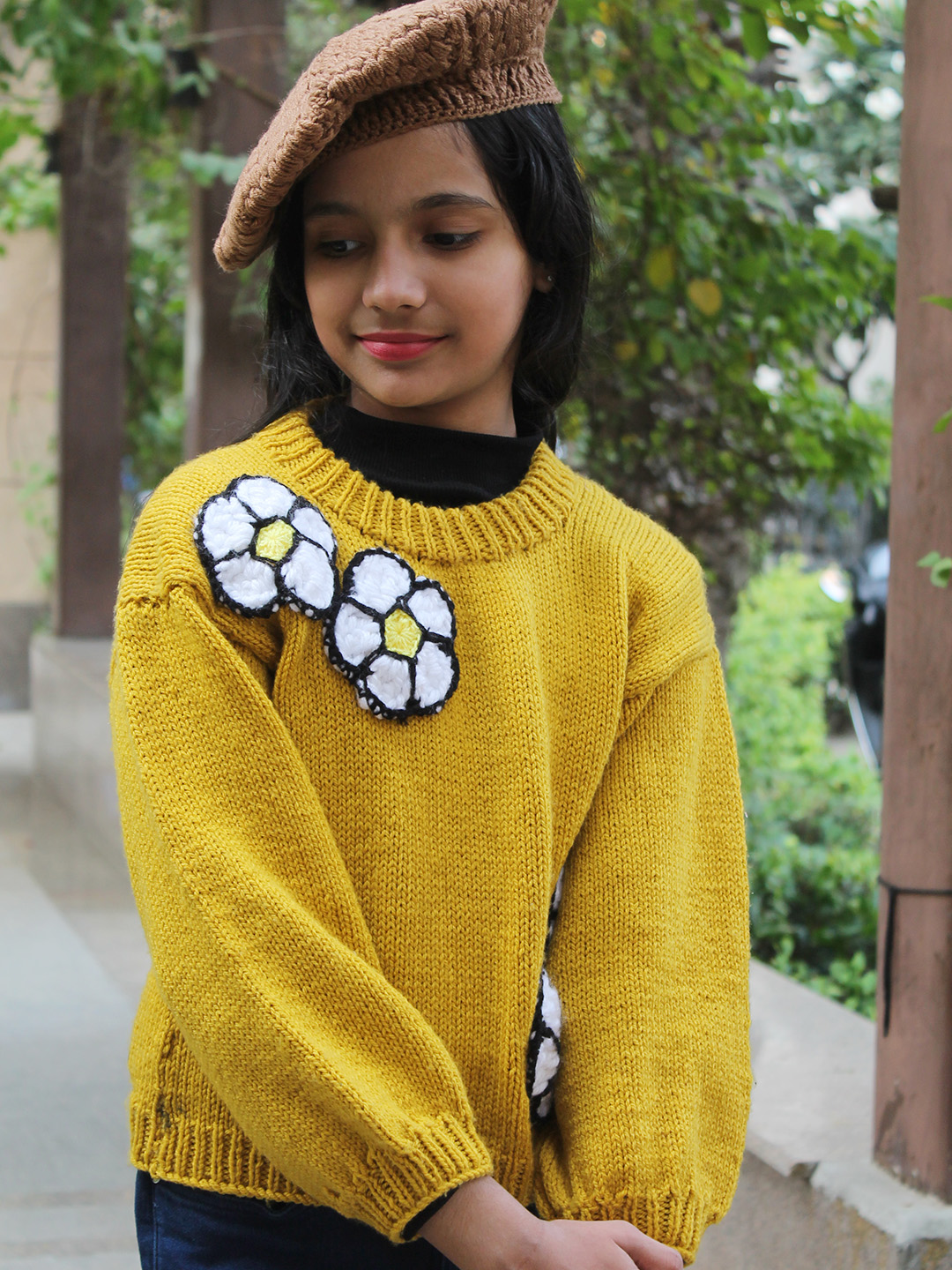 Woonie Floral Round Neck Pullover - Mustard