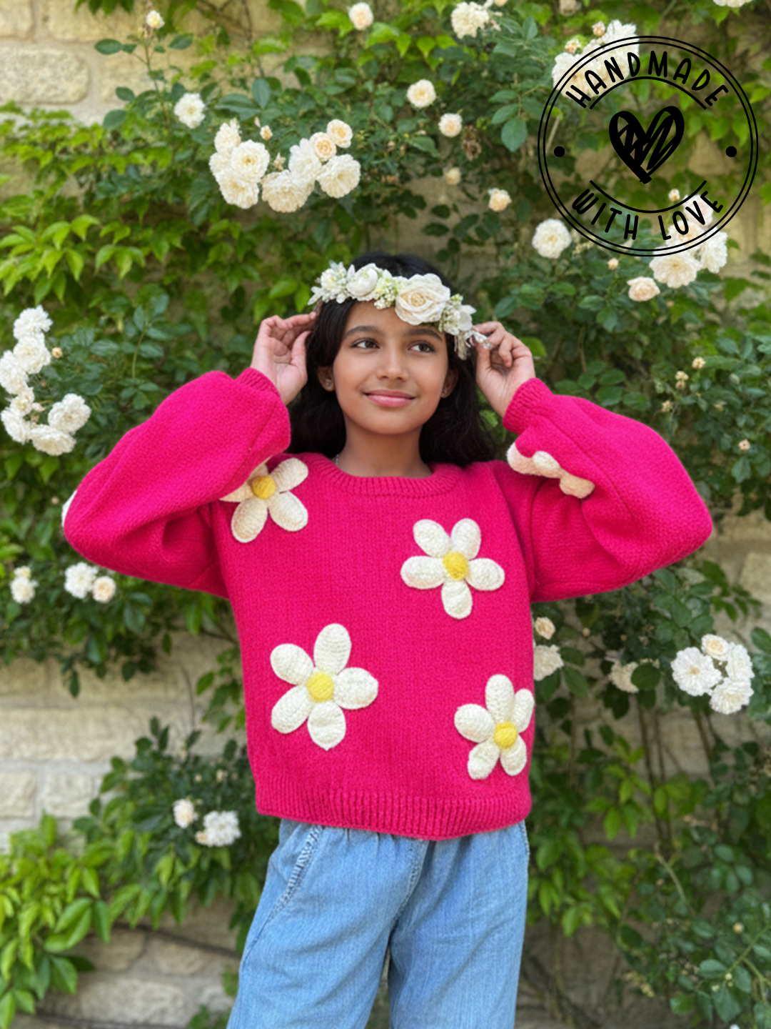 Woonie Floral Applique Pullover - Pink
