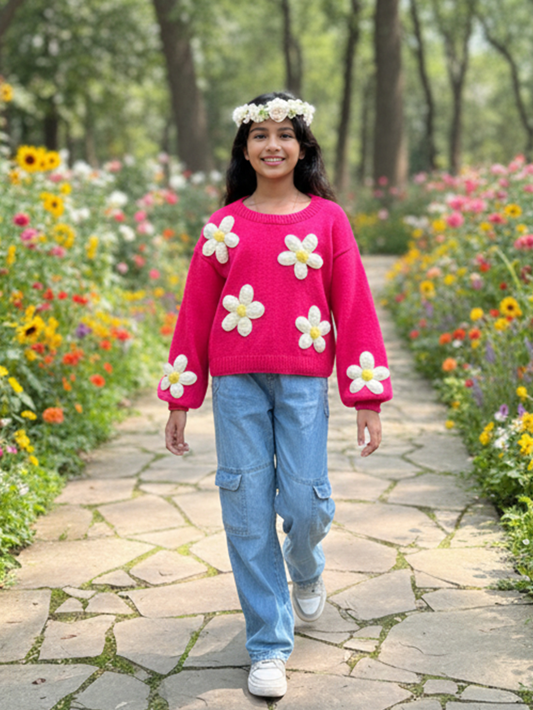 Woonie Floral Applique Pullover - Pink