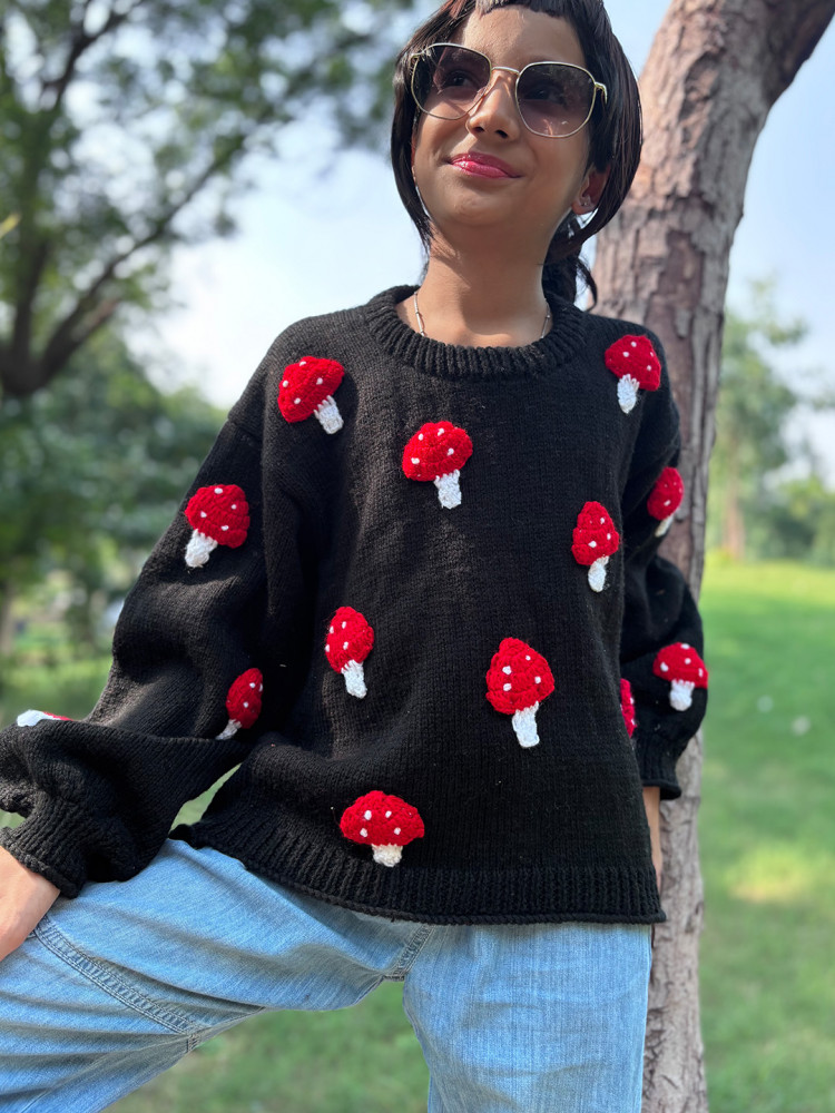 Image of Woonie Handknitted Full Sleeves Mushroom Applique Detailed Sweater - Black