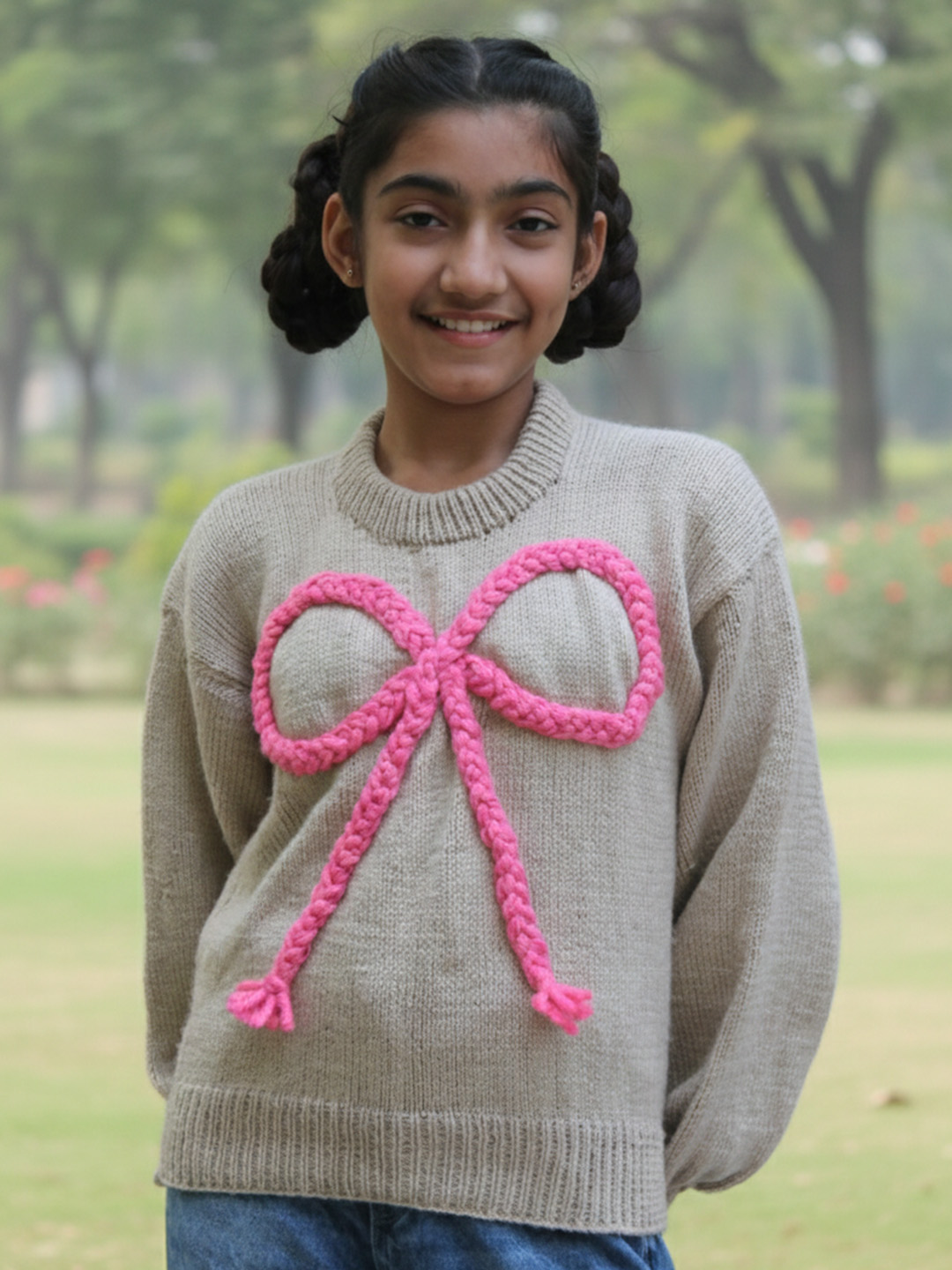 Woonie Handknitted Full Sleeves Big Bow Detailed Sweater - Beige