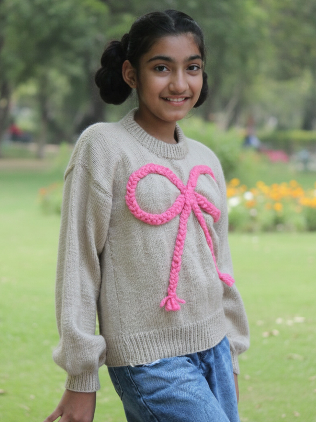 Woonie Handknitted Full Sleeves Big Bow Detailed Sweater - Beige