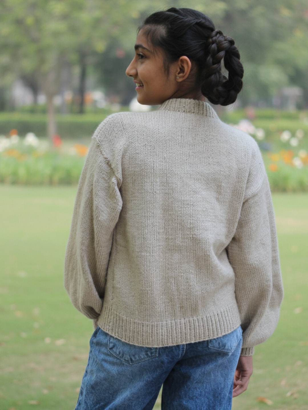 Woonie Handknitted Full Sleeves Big Bow Detailed Sweater - Beige