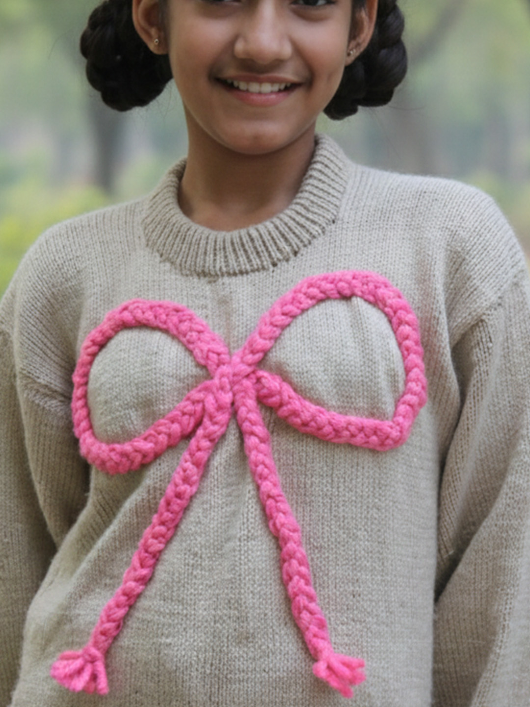 Woonie Handknitted Full Sleeves Big Bow Detailed Sweater - Beige