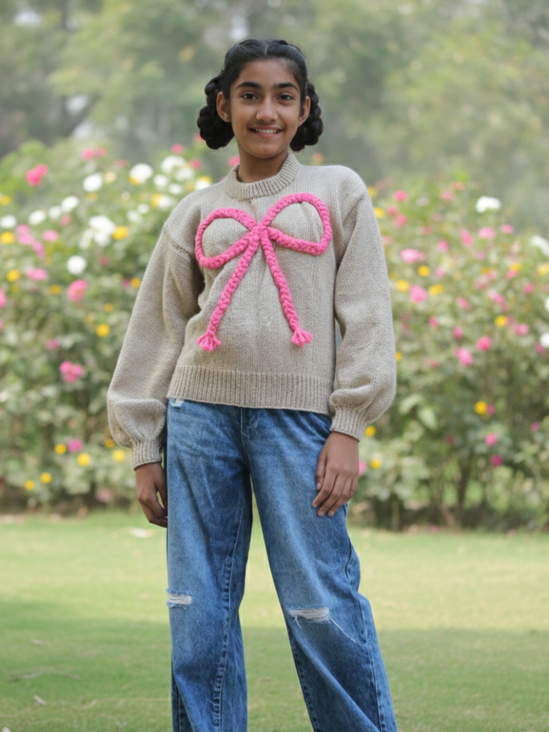 Woonie Handknitted Full Sleeves Big Bow Detailed Sweater - Beige