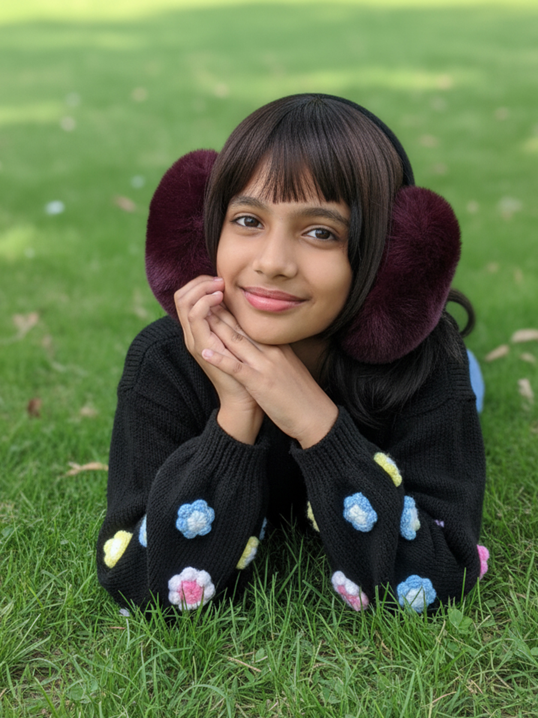 Woonie Handknitted Full Sleeves Floral Detailed Sweater - Black